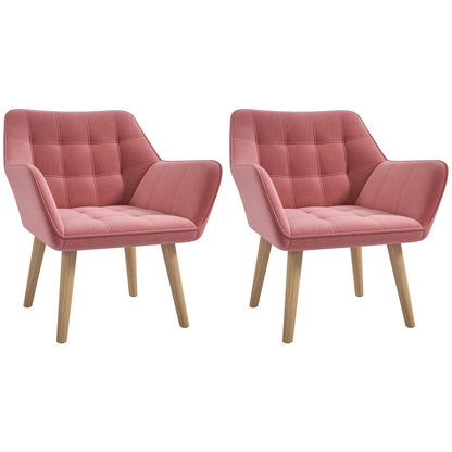 Set of 2 Accent Chair, Arm Chair with Slanted Back, Thick Padding and Rubber Wooden Legs for Living Room, Pink