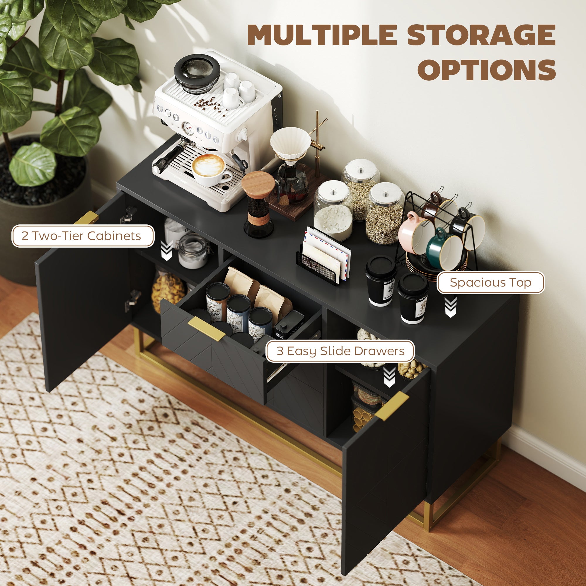 HOMCOM Sideboard with 3 Drawers and Adjustable Shelves for Living Room - Black 