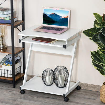 HOMCOM Movable Computer Desk with 4 Moving Wheels Sliding Keyboard Tray Home Office Workstation White 