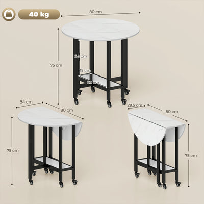HOMCOM Folding Dining Table, Drop Leaf Table with Open Shelf, Rolling Kitchen Table for Dining Room, Small Spaces, White Marble 