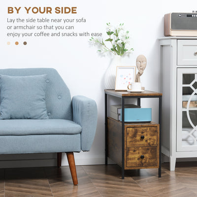 HOMCOM Set of 2 Side Table, Narrow Bedside Table with 2 Drawers and Storage Shelf, Industrial End Table with Metal Frame for Small Spaces, Rustic Brown 