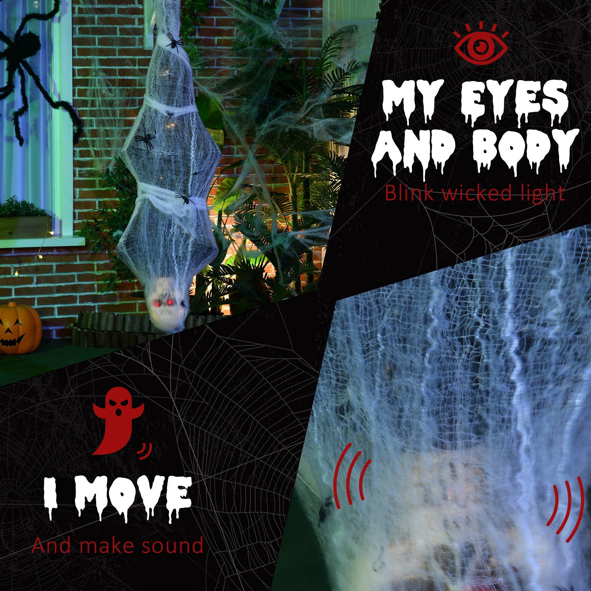 HOMCOM 4.7ft Life Size Outdoor Halloween Decoration Hanging Mummy with Spider Web, Animated Prop Decor with Sound and Motion Activated, Light Up Eyes, Howling Sound, Posable Arms, Moving Body