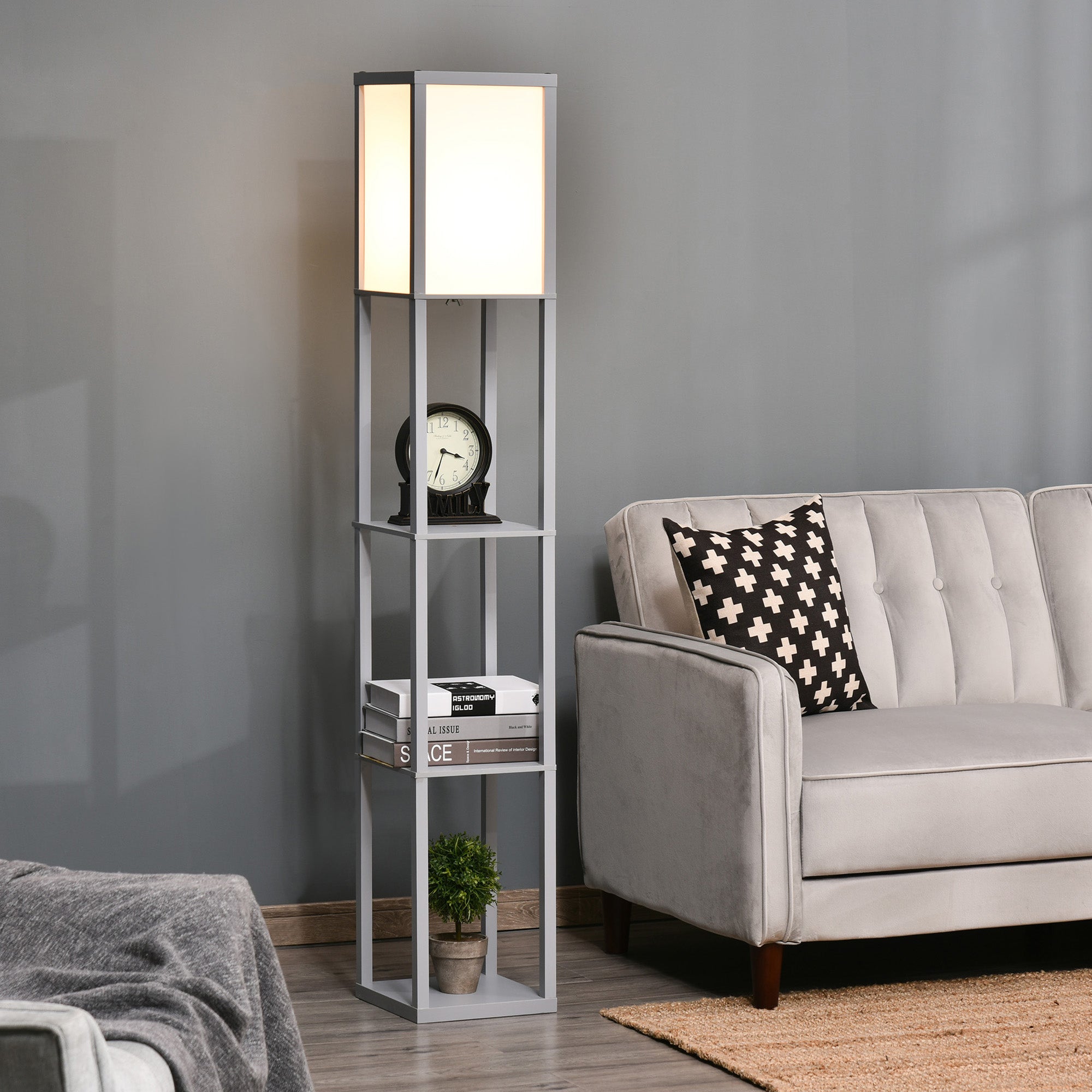 HOMCOM 3-Tier Floor Lamp, Floor Light with Storage Shelf, Reading Standing Lamp with Acrylic Shade for Living Room, Bedroom, Kitchen, Dining Room, Office, Dorm, 160cm, Grey 