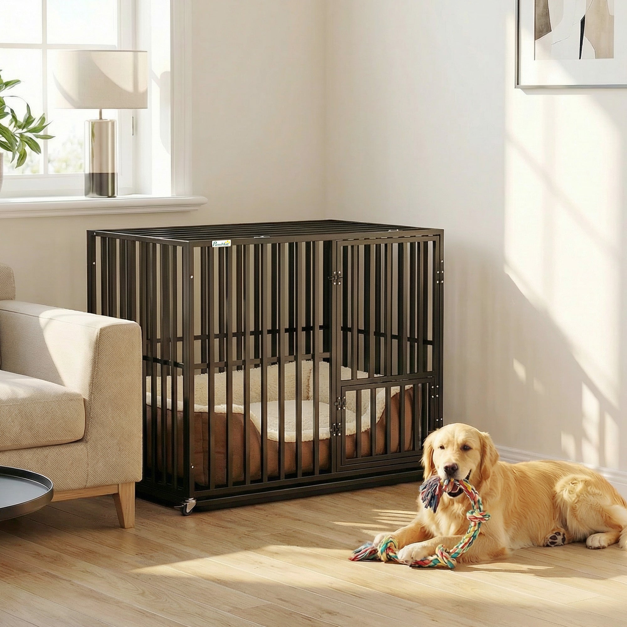 PawHut Heavy Duty Dog Crate, Dog Cage with Wheels for Small Medium Breeds, Metal Pet Kennel with Removable Tray 