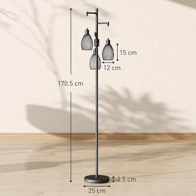HOMCOM 3-Light LED Floor Lamp, 170cm Industrial Dimmable Standing Lamp with Steel Wire Cage Lampshades, 2700K for Living Room, Bedroom, Dining Room, Study, Black 