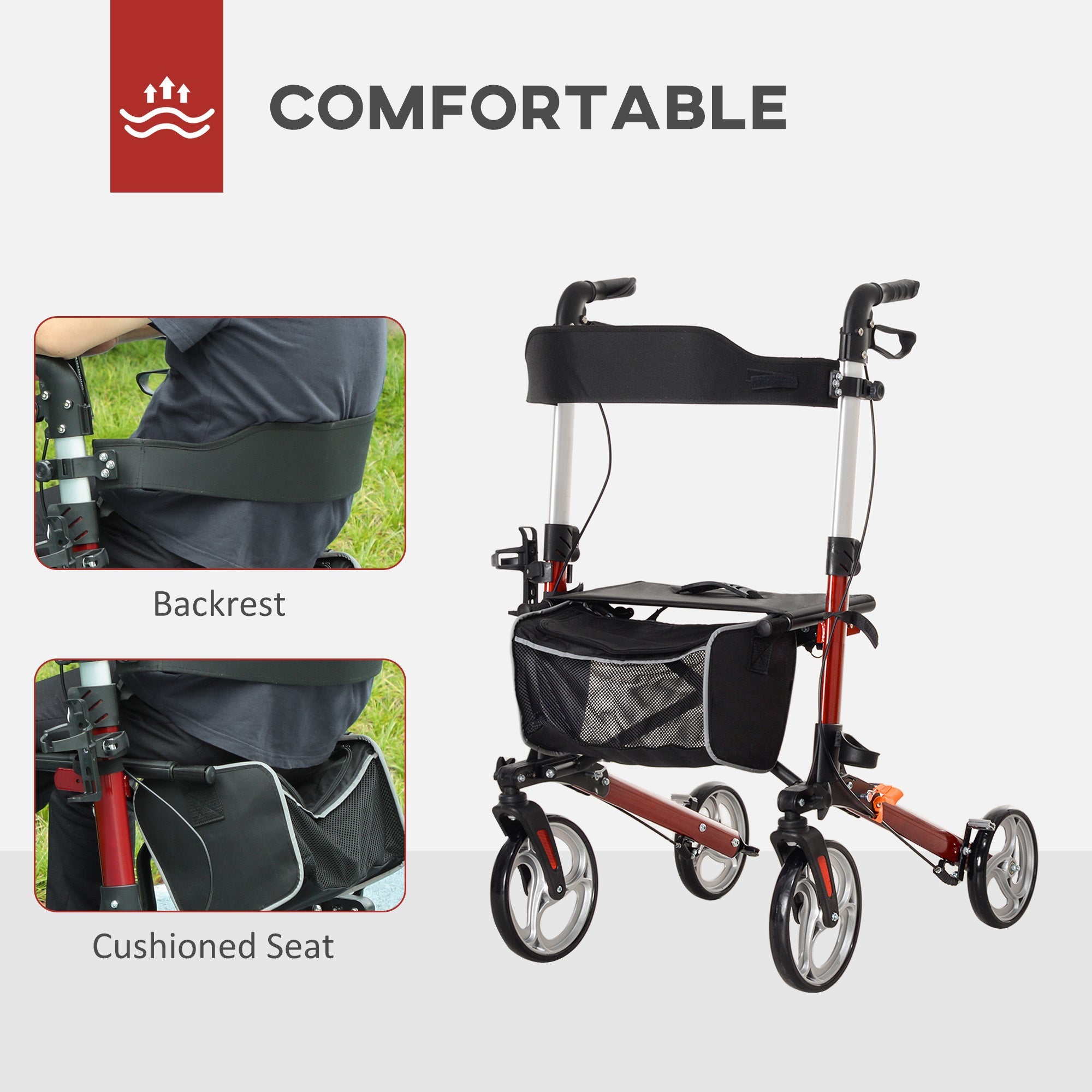 HOMCOM 88.5-106cm Aluminium Frame Rollator Walker, with Brakes - Red 