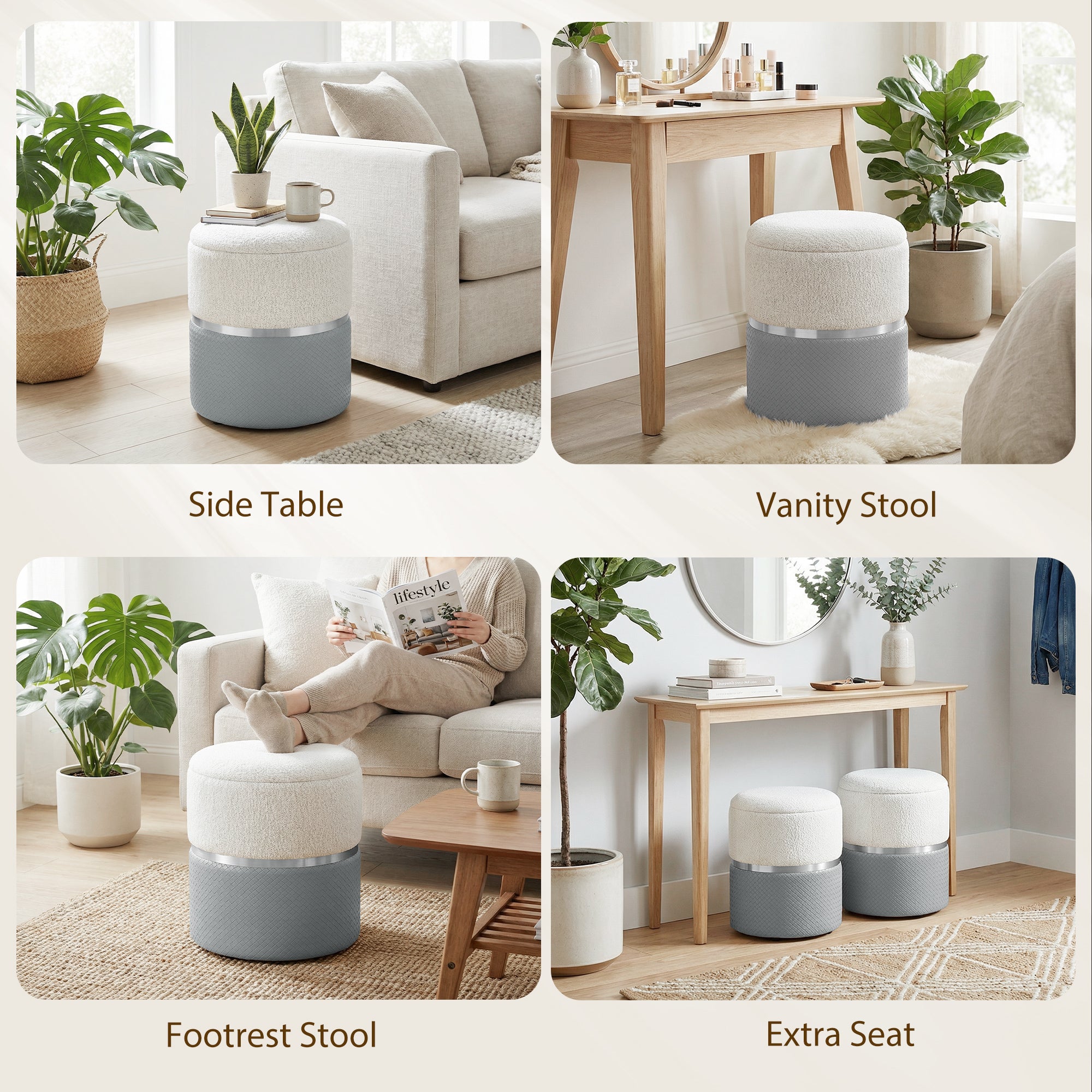 HOMCOM Nesting Round Ottoman with Storage Set of 2 - Cream/Grey 