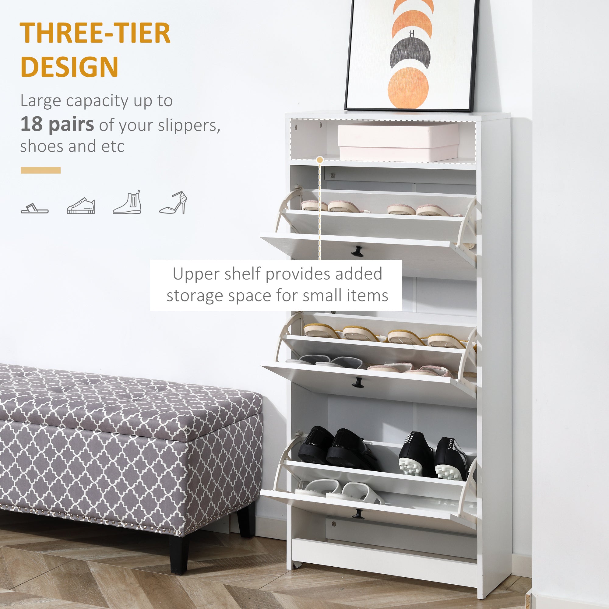 HOMCOM Narrow Shoe Cabinet with 3 Flip Doors, 14-18 Pairs Shoe Cupboard with Open Shelf for Slim Hallway and Entryway, 24 x 60 x 132 cm, White 