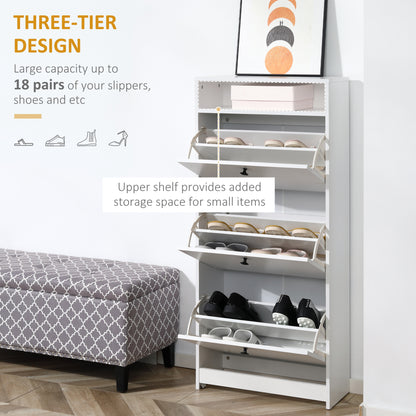 HOMCOM Narrow Shoe Cabinet with 3 Flip Doors, 14-18 Pairs Shoe Cupboard with Open Shelf for Slim Hallway and Entryway, 24 x 60 x 132 cm, White 