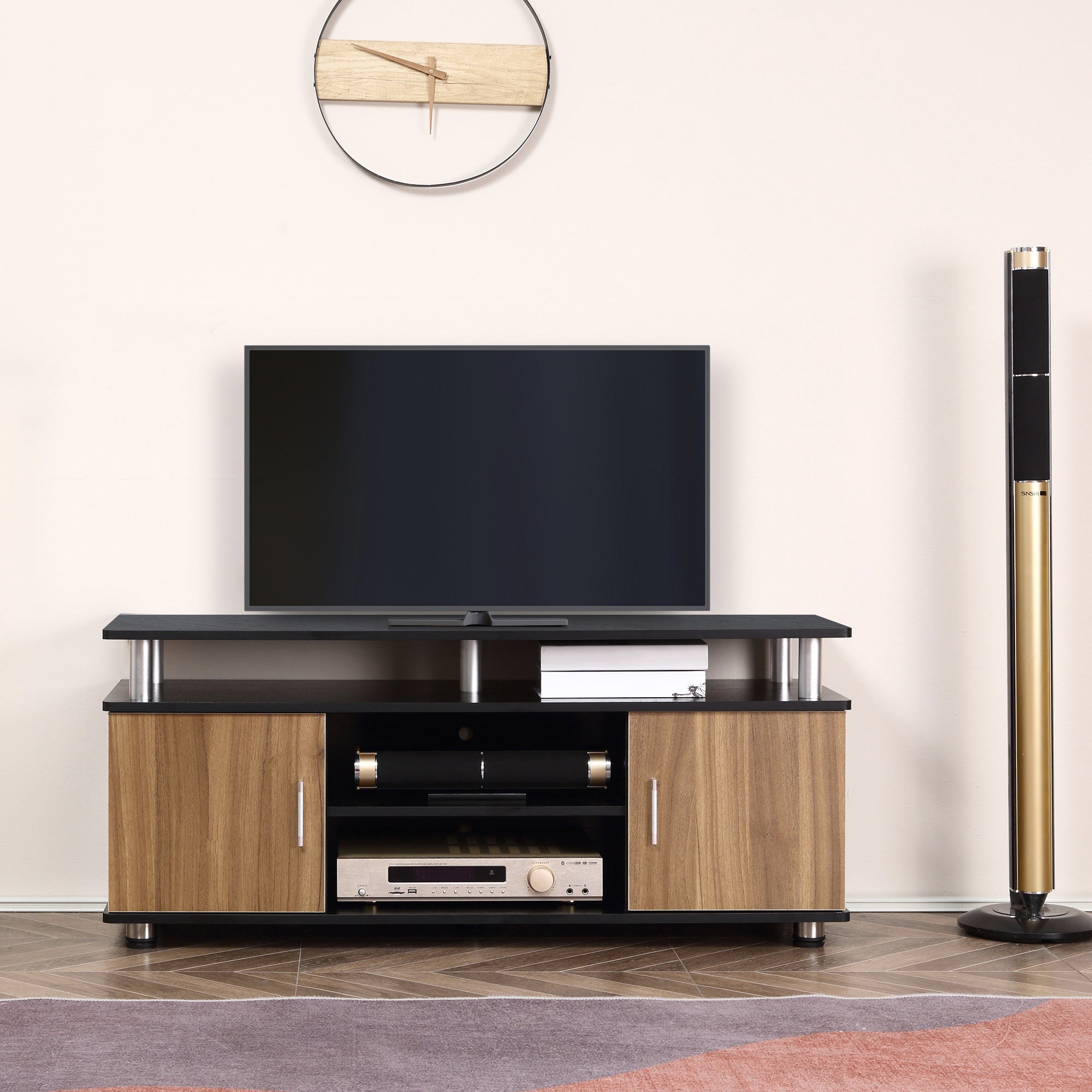 HOMCOM TV Cabinet Unit for TVs up to 50'' with Storage Shelf and Cupboards, Living Room Entertainment Center Media Console, Black and Walnut 
