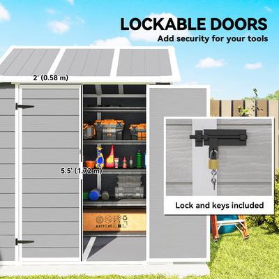 Outsunny 6 x 6ft Garden Shed with Floor, Window, Lockable Doors and Vents, Wood Effect Resin Tool Shed for Outdoor Patio, Grey 