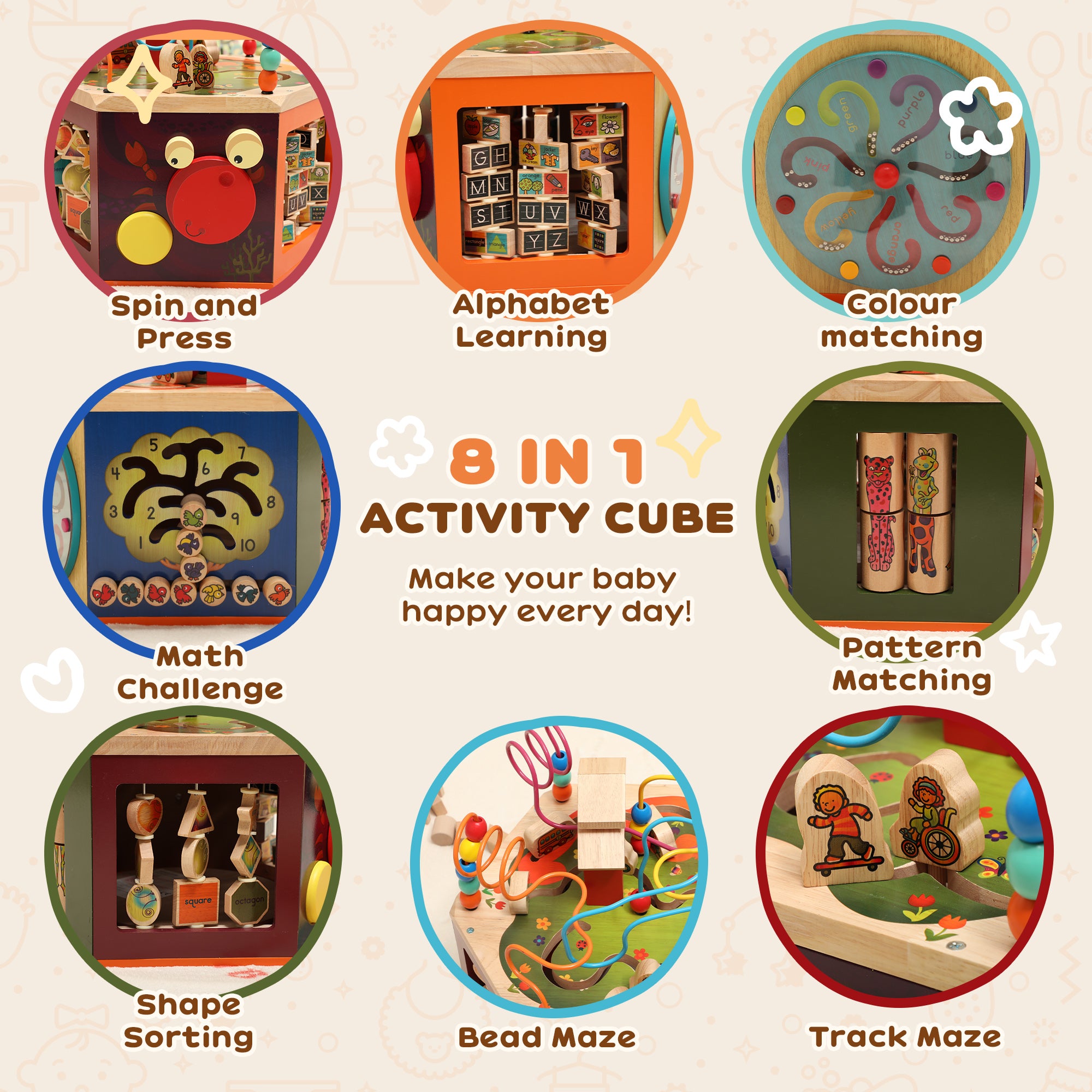 AIYAPLAY 8 in 1 Wooden Activity Cube with Bead Maze, Shape Sorter, for Kids Boys Girls 18+ Months 
