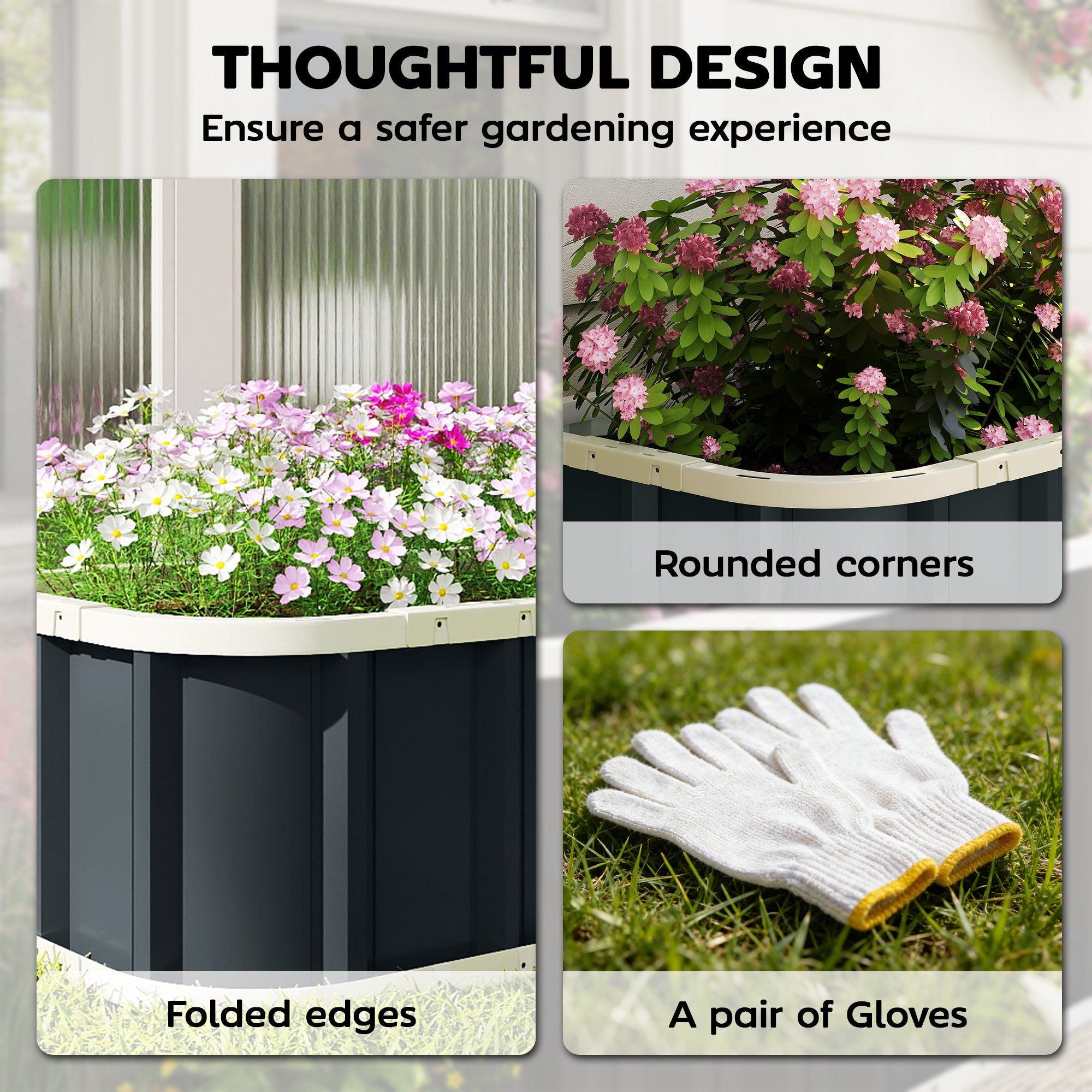 Outsunny Galvanised Raised Garden Bed, 5 x 2 x 1 ft Metal Planter with Gloves and Folded Edging, Dark Grey 