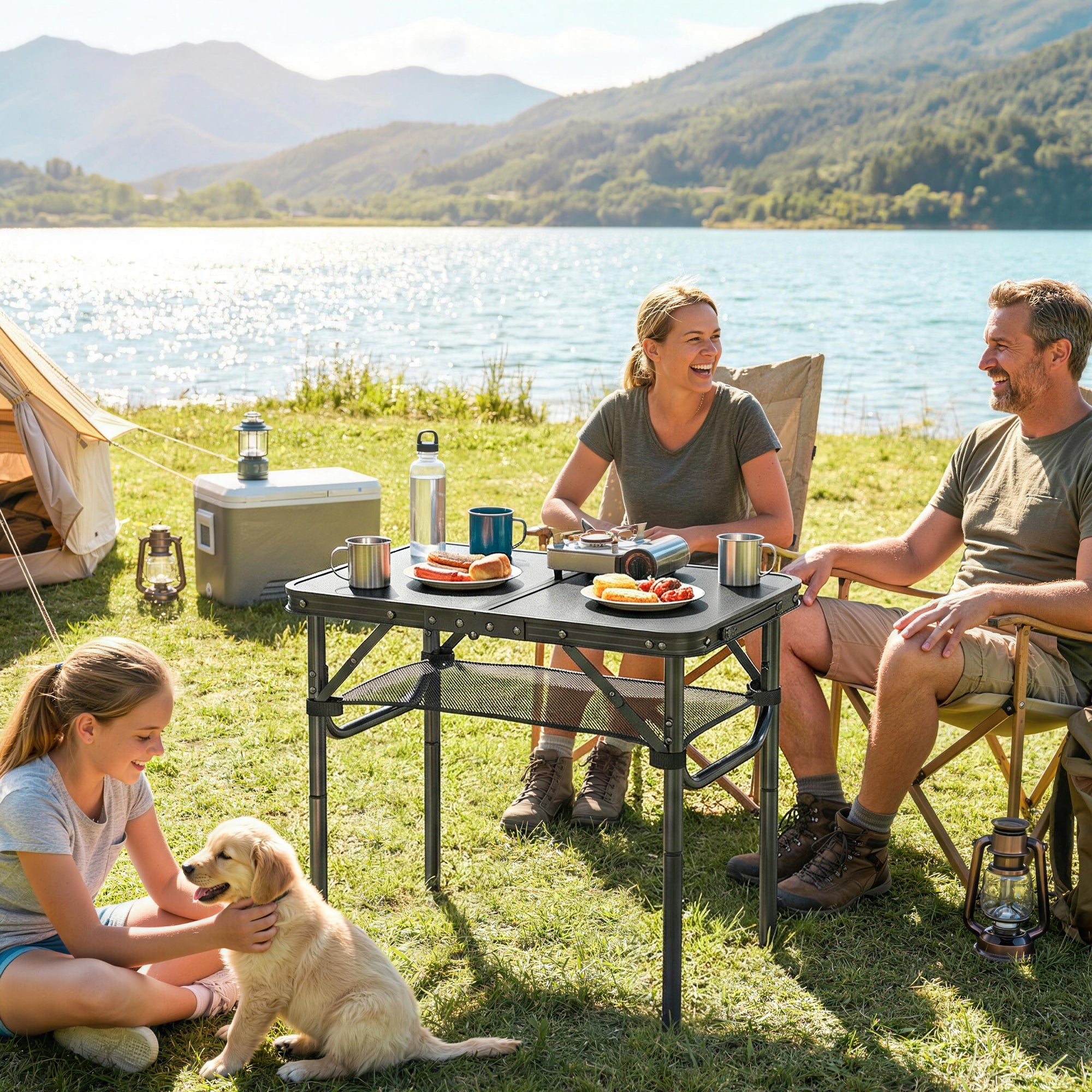 Outsunny 2ft Folding Camping Table, Picnic Table with Mesh Storage Layer, 4 Adjustable Heights and Carrying Handle, Black 