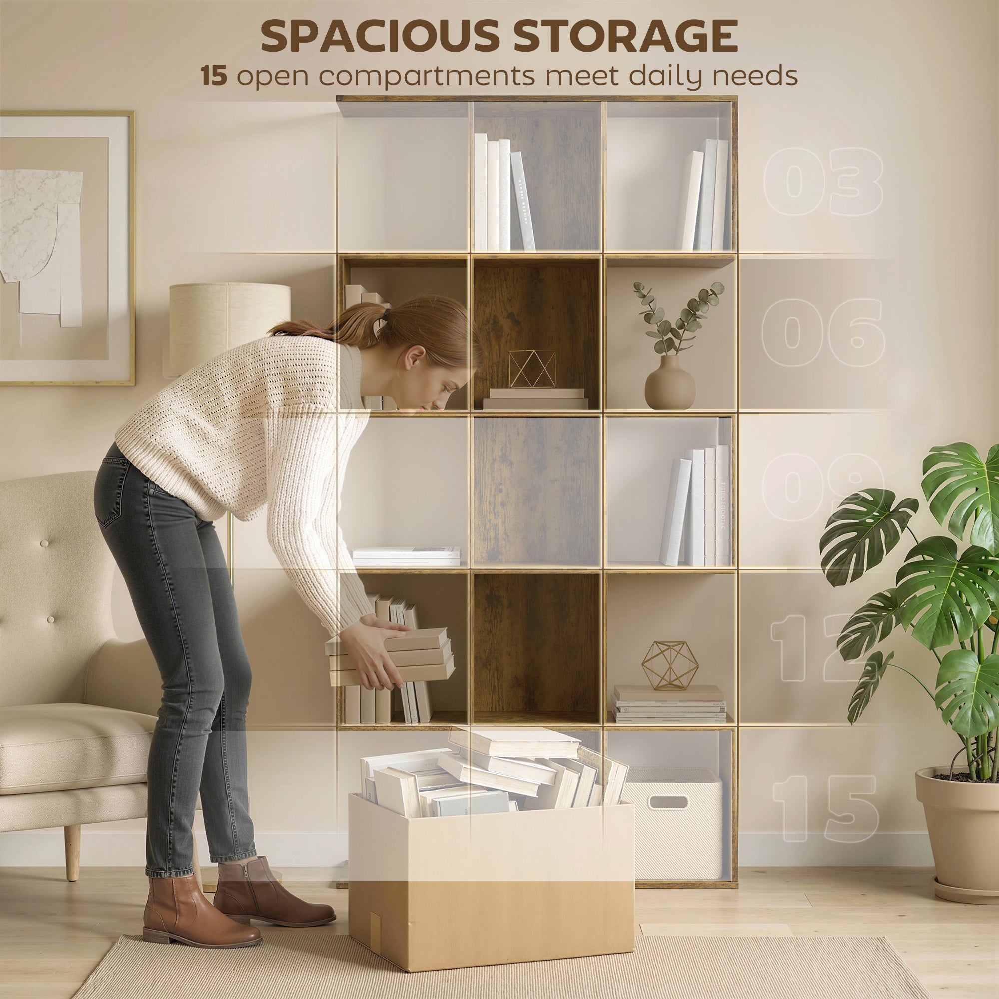 HOMCOM 5-Tier Bookshelf, S Shaped Geometric Bookcase with 15 Compartments, Rustic Brown 