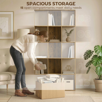 HOMCOM 5-Tier Bookshelf, S Shaped Geometric Bookcase with 15 Compartments, Rustic Brown 