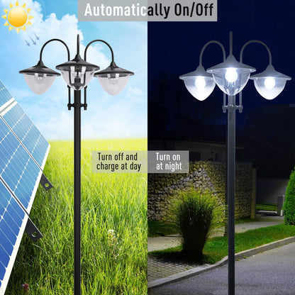 Outsunny 189cm 3-head Solar Lamp Post, Street Light with Planter, Automatic-on, 6 Hour Max Outdoor Ready LED Lighting, Black 