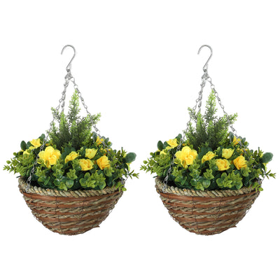 Outsunny Pack of 2 Faux Plant Artificial Lisianthus Flowers Hanging Planter with Basket for Indoor Outdoor Decoration, Yellow 