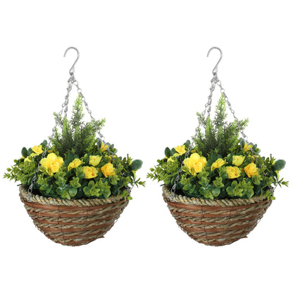 Outsunny Pack of 2 Faux Plant Artificial Lisianthus Flowers Hanging Planter with Basket for Indoor Outdoor Decoration, Yellow 