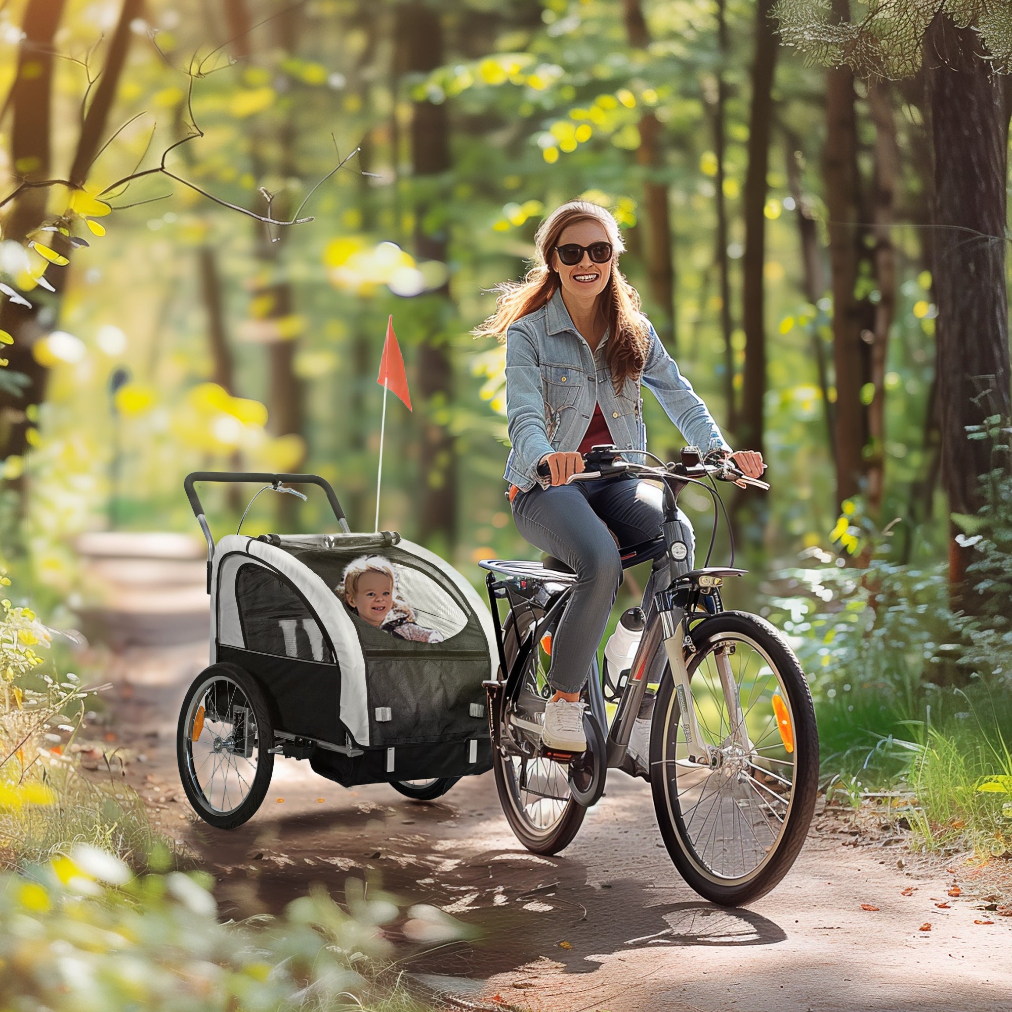 HOMCOM 2 Seat Bike Trailer with 5 Point Harness, Baby Bike Stroller with Safety Flag, Reflectors, for 18+ Months, Black 