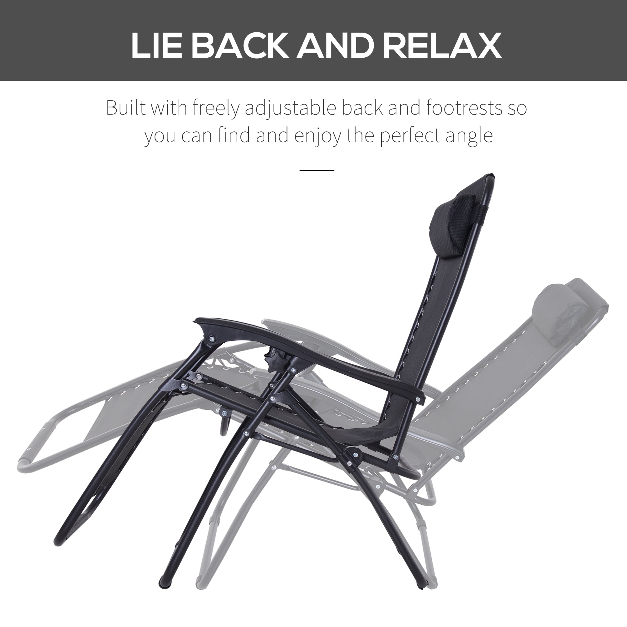 Outsunny Zero Gravity Chair Metal Frame Texteline Armchair Outdoor Folding and Reclining Sun Lounger with Head Pillow for Patio Decking Gardens Camping, Black 