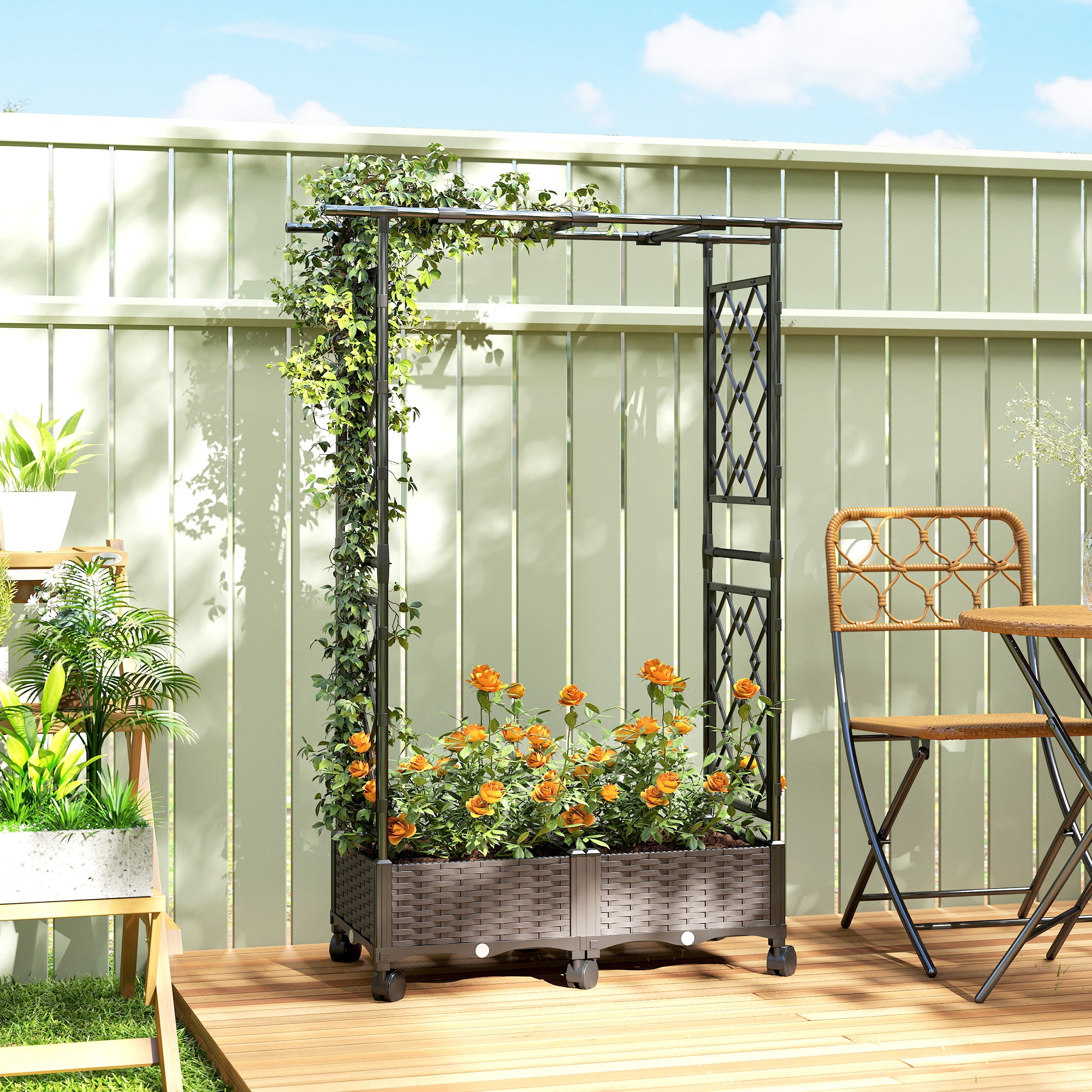 Outsunny Raised Garden Bed with Arch Trellis, Raised Bed for Garden on Wheels with Side Trellis, Self Watering Planter Box 