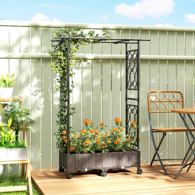 Outsunny Raised Garden Bed with Arch Trellis, Raised Bed for Garden on Wheels with Side Trellis, Self Watering Planter Box 