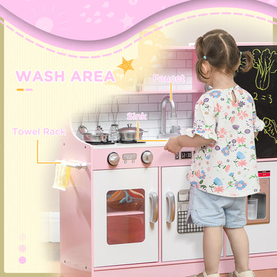 AIYAPLAY Pretend Play Kitchen, Kids Kitchen Playset w/ Toy Phone, Chalkboard, Microwave, Cooking Stove, Sink 