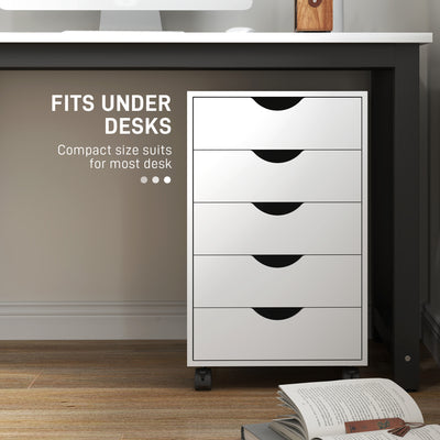 HOMCOM 5 Drawer Mobile Filing Cabinet, Vertical File Cabinet, Modern Rolling Office Storage Organizer Cupboard, White 