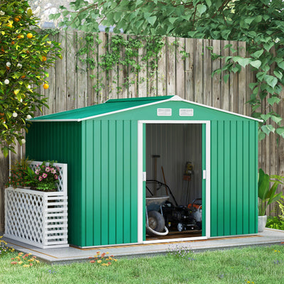Outsunny 9 x 6ft Metal Garden Shed, Outdoor Storage Tool House with Ventilation Slots, Foundation Kit and Lockable Double Doors, Green 