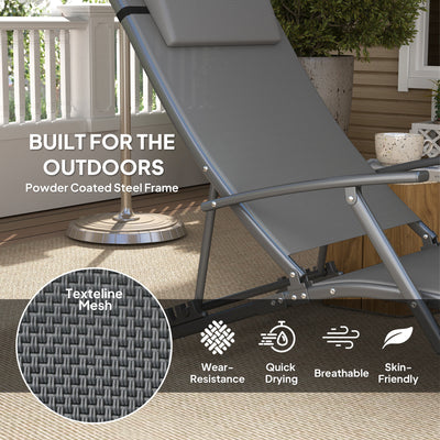 Outsunny Set of 2 Folding Sun Loungers for Garden, 4 Positions Adjustable Outdoor Chaise Lounge Chairs with Armrests, Pillows, Steel Frame, Sunbed Recliners for Patio, Beach and Poolside, Grey 