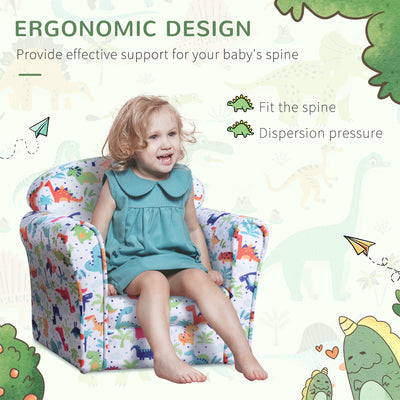 HOMCOM Children Armchair Kids Sofa Tub Chair Seat Cartoon Dinosaur Pattern Bedroom Flannel Wooden Frame Non-slip Playroom Seater 