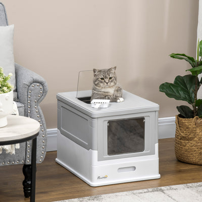 PawHut Hooded Cat Litter Box, Portable Pet Toilet, with Scoop, Front Entry - Grey 
