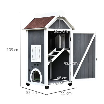 PawHut Wooden Cat House, Weatherproof Pet Shelter, Outdoor Cat Condos Cave, 2 Floor Furniture, Grey and White 