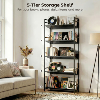 HOMCOM Bookshelf 5-Tier Metal Frame Bookcase Storage Shelves for Living Room Black 
