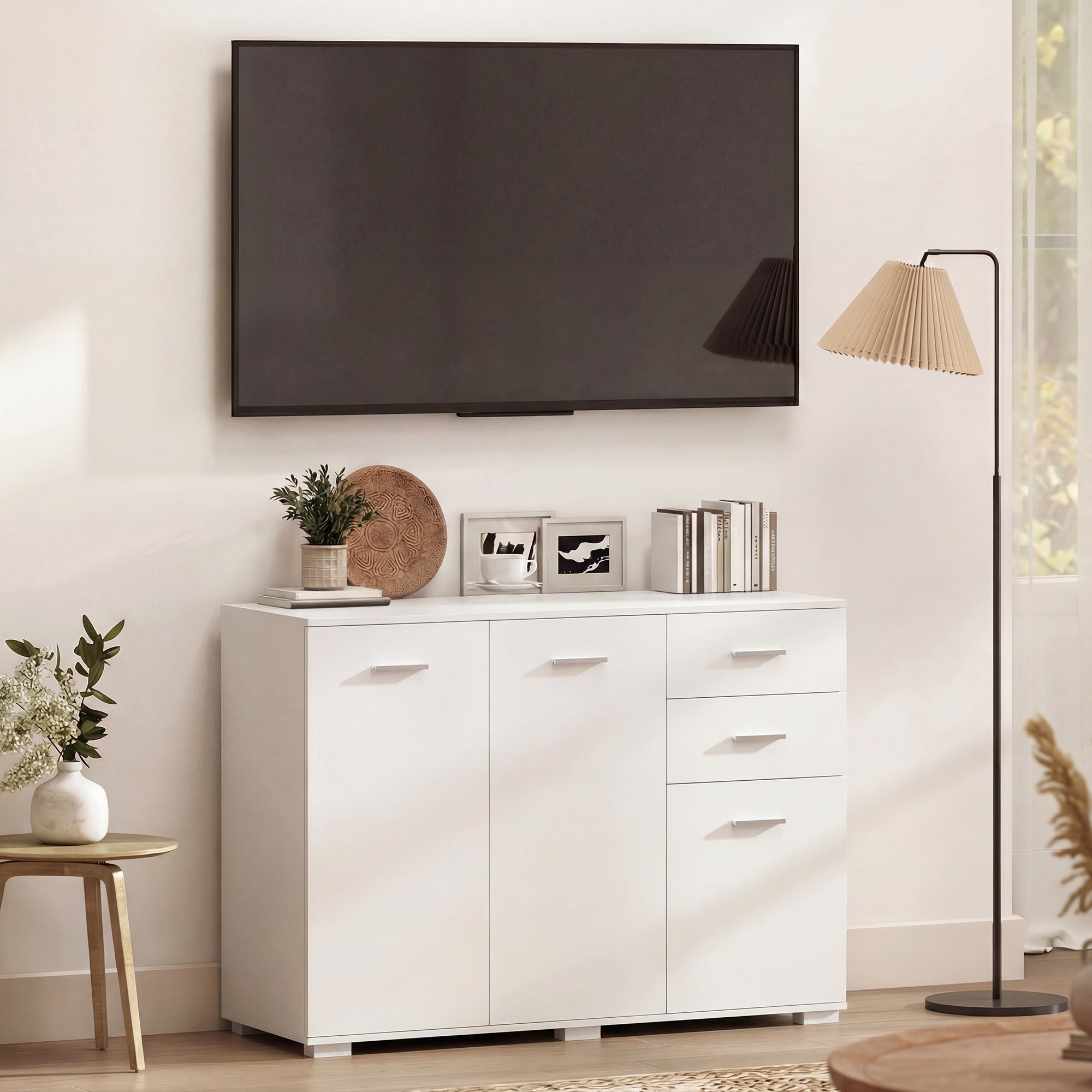 HOMCOM Sideboard, Modern Storage Cabinet with 2 Drawers, 3 Doors and Adjustable Shelves, White 