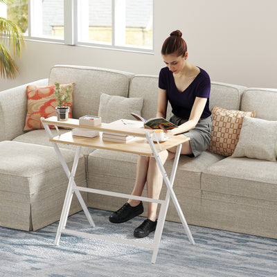 HOMCOM 81.5 cm Folding Computer Desk with Monitor Shelf - Natural Wood Finish 