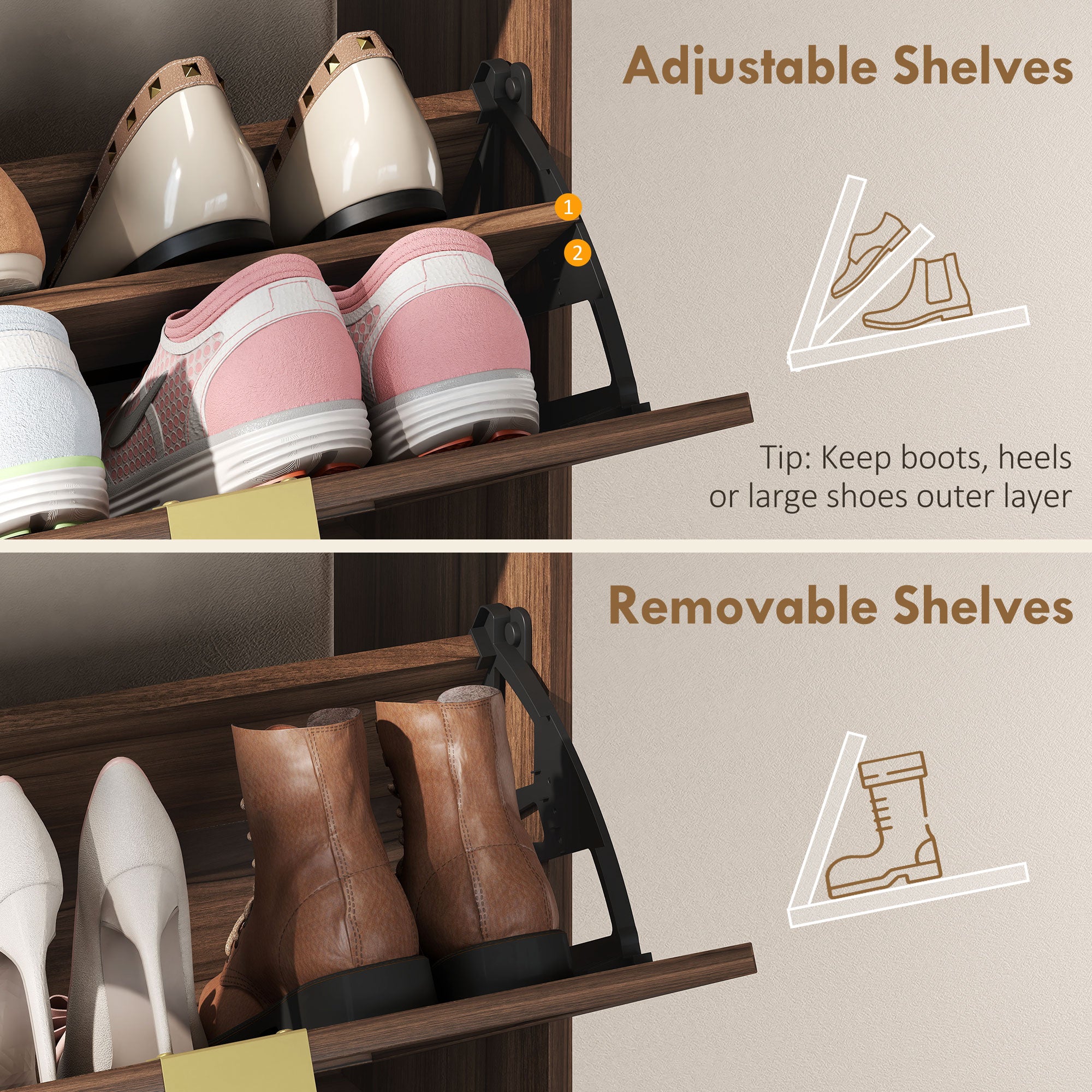HOMCOM Shoe Cabinet with 2 Flip Drawers, Narrow Shoe Storage Top for Entryway Hallway, Rustic Brown 