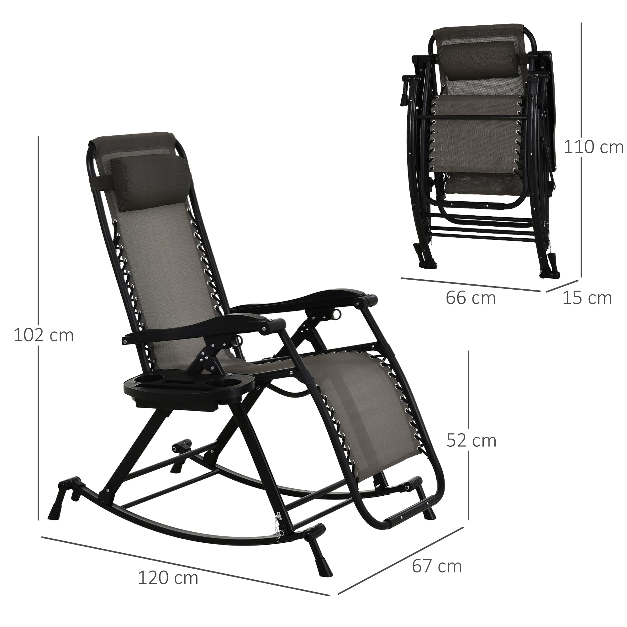 Outsunny Garden Rocking Chair Folding Recliner Outdoor Adjustable Sun Lounger Rocker Zero-Gravity Seat with Headrest Side Holder Patio Deck - Grey 