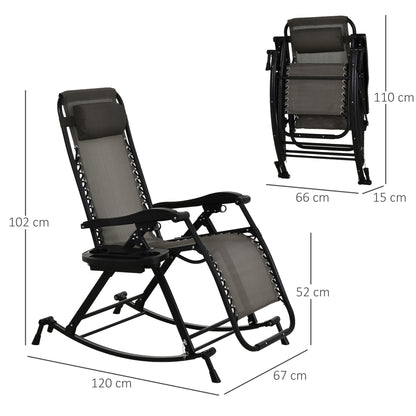 Outsunny Garden Rocking Chair Folding Recliner Outdoor Adjustable Sun Lounger Rocker Zero-Gravity Seat with Headrest Side Holder Patio Deck - Grey 
