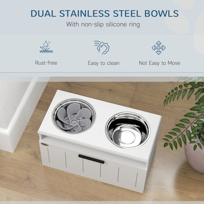 PawHut Raised Dog Bowl with Slow Feeder & 2 Stainless Steel Dog Bowl, 25L Storage Drawer, for Large & Extra Large Dogs, White 