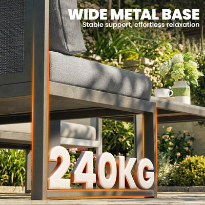 Outsunny 6 Seater Metal Garden Furniture Corner Sofa Set with 3 Loveseats, Faux Wood Table, Texteline Seat, Cushions, Dark Grey 