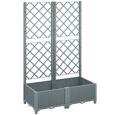Outsunny Raised Garden Bed with Trellis, Plastic Planter Box with Drainage Holes, Drain Plugs and Water Reservoirs for Climbing Plants, Vegetables, Flowers, Grey 
