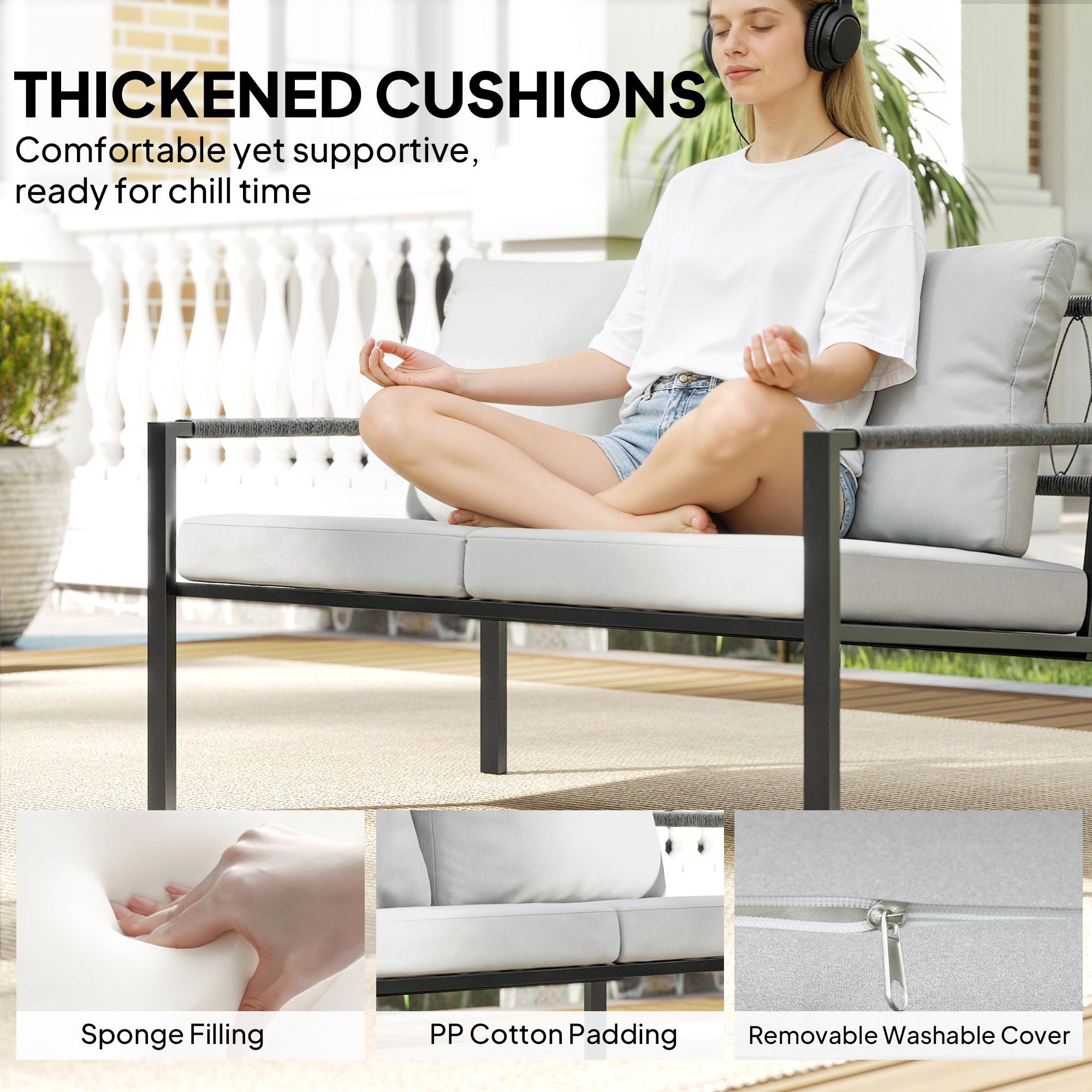 Outsunny 5 Piece Metal Garden Furniture Sofa Set with Thickened Cushions, Loveseat, 2 Armchairs, 2 Coffee Tables, Light Grey 