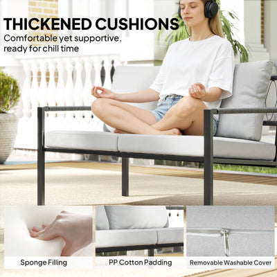 Outsunny 5 Piece Metal Garden Furniture Sofa Set with Thickened Cushions, Loveseat, 2 Armchairs, 2 Coffee Tables, Light Grey 