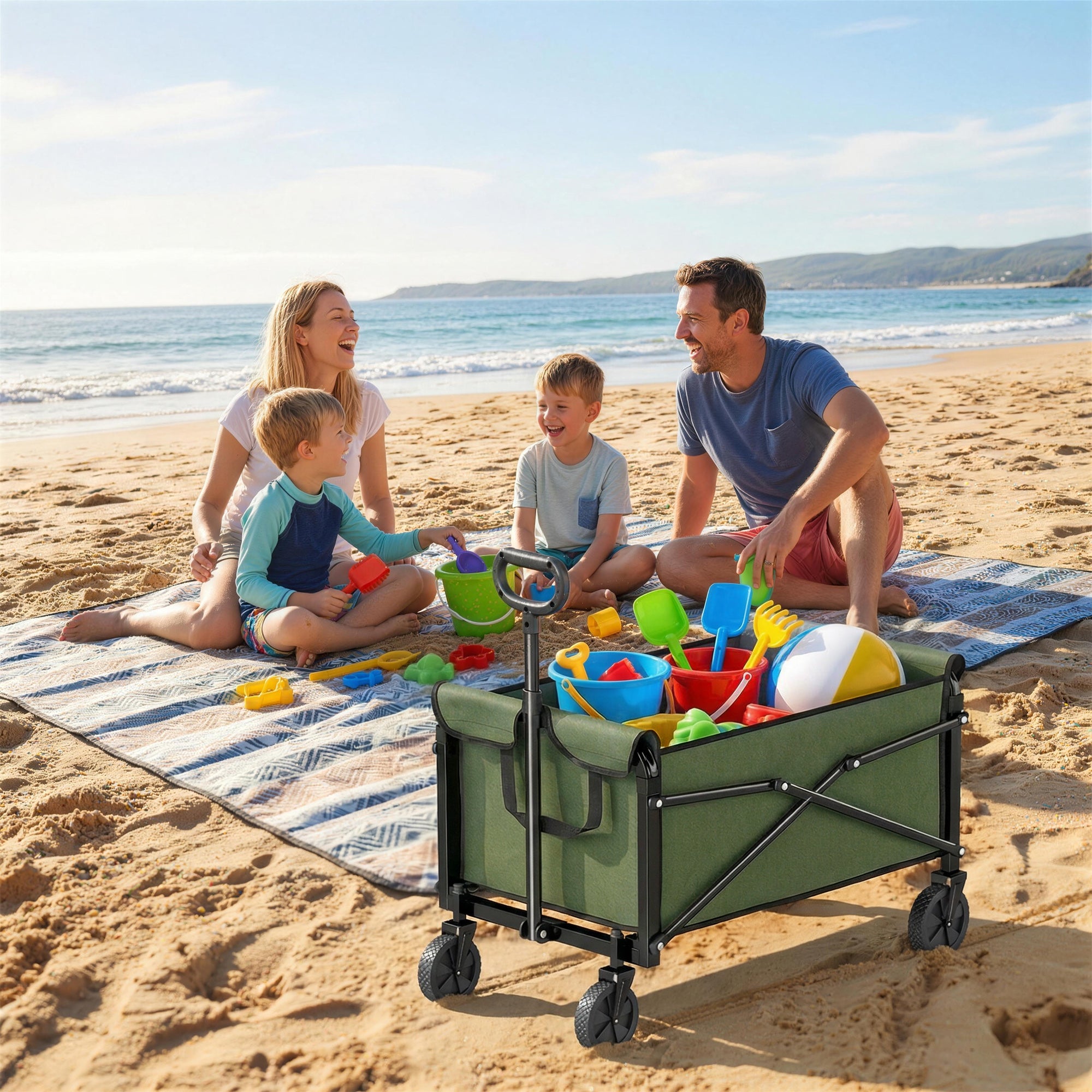 Outsunny 81L Festival Trolley on Wheels, Compact Garden Folding Trolley Cart with Adjustable Handle 80L Green 