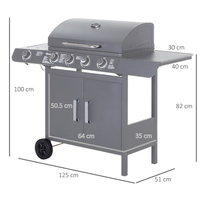Outsunny 4+1 Burner Gas BBQ Grill, Outdoor Barbecue Trolley with Wheels, Warming Rack, Side Shelves, Cabinet, Thermometer for Garden, Party, Camping, 125 L x 51 W x 100 H cm, Grey 