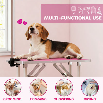PawHut 32" Foldable Dog Grooming Table Pet Drying Beauty Table Adjustable Fixed Arm Rubber Top, Pink 