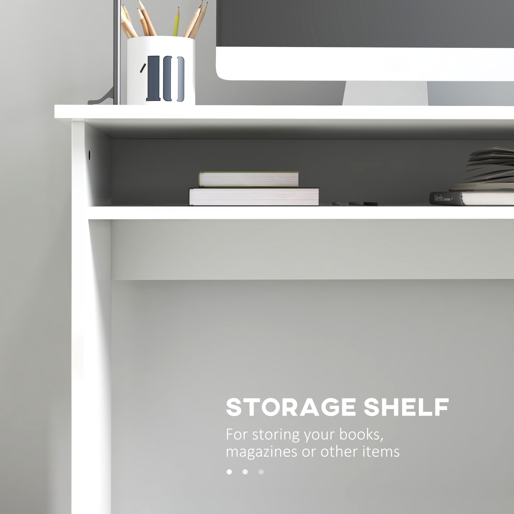 Vinsetto Home Office Chair and Computer Desk Set, Mesh Chair with Swivel Wheels, Study Desk with Storage Shelf, High Gloss White and Grey