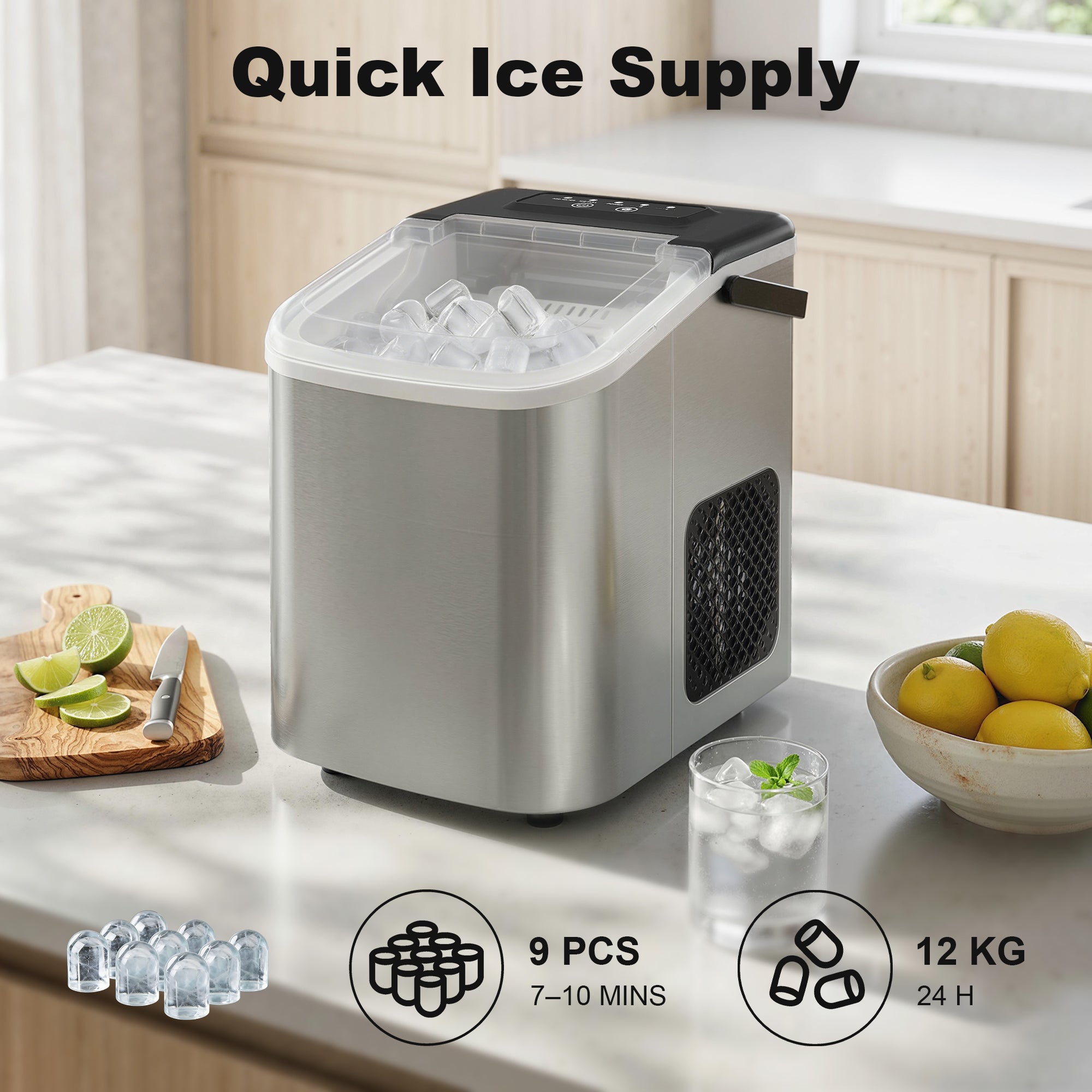 HOMCOM Ice Maker Machine Countertop, 9 Cubes Ready in 7 Mins, 12 KG in 24Hrs, 2 Sizes of Bullet, Self-Cleaning Ice Machine with Portable Handle, Scoop and Basket for Home Kitchen Office RV 